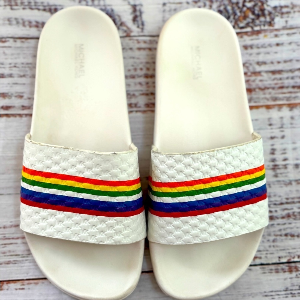 MICHAEL KORS Womens White Gilmore Toe Platform Slip On Leather Slide Sandals 8 M